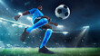 © master1305 - Competitive and focused man, soccer player in motion, kicking ball in full determination, playing under dramatic sky settings. 3D render of stadium. Concept of sport, tournament, competition, game