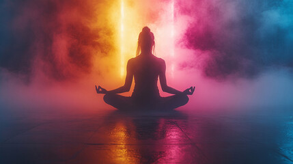 Wall Mural - silhouette of a meditative figure is set against a vibrant cosmic backdrop, symbolizing the connection between energy, mindfulness, and the universe's expansive forces in deep spiritual reflection