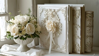 Elegant white classic wedding book and album collection