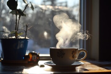 Canvas Print - A Cup of Tea with Steam Rising in the Sunlight