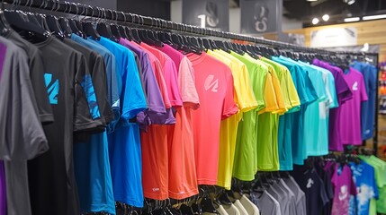 Vibrant Display of Men's Sports T-Shirts in an Athletic Wear Store. AI generated illustration