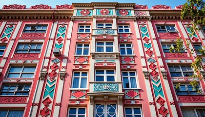 An Art Deco-style apartment building with decorative geometric patterns, vibrant pastel colors, and ornate detailing on the exterior. 