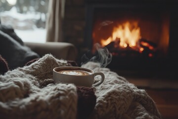 Wall Mural - A Cozy Winter Scene with a Cup of Coffee, a Blanket, and a Fireplace in the Background