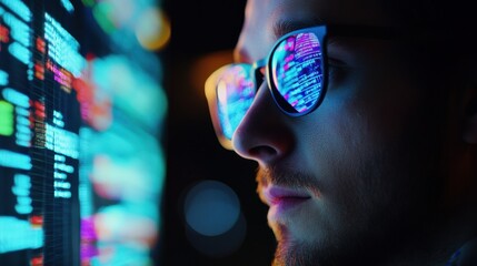 Poster - A close-up of a person wearing glasses, reflecting colorful data on a screen.