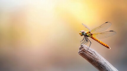 A stunning close-up of a dragonfly perched on a stick, showcasing its vibrant colors and intricate wing structure. Ideal for nature lovers.