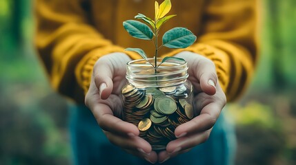 A person holds a glass jar filled with gold coins and a small plant growing out of the top.