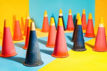 Canvas Print - Colorful Traffic Cones on a Yellow and Blue Background