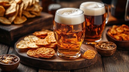 Frothy beer and crunchy snacks in casual pub setting. Two frothy beer glasses alongside a variety of crunchy snacks like crackers and nuts, set on a rustic wooden board in a cozy pub.