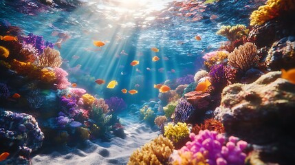 Wall Mural - Vibrant coral reef teeming with life under the sunlit surface of the ocean.