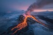 © Milos - An erupting volcano surrounded by a snowy landscape emits fiery lava flows, creating a striking contrast between hot and cold elements amidst a breathtaking natural scene.