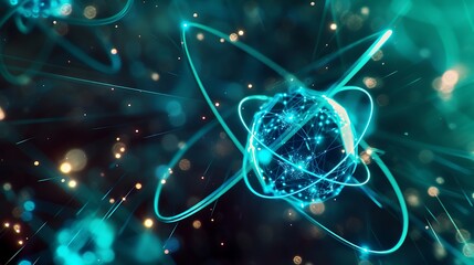 Poster - A glowing, abstract atom with orbiting electrons in a digital space.