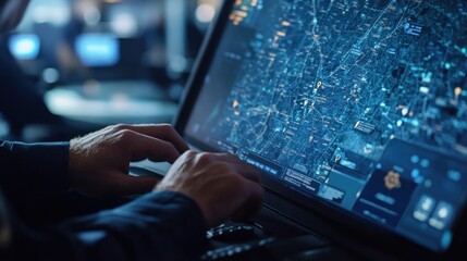Poster - a close-up of hands typing on a laptop displaying a detailed digital map interface.