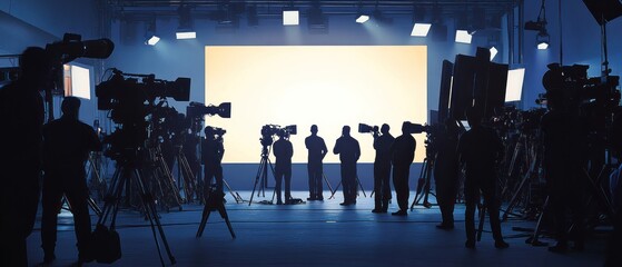 Poster - A group of silhouetted individuals and cameras in a studio setting, preparing for a presentation.