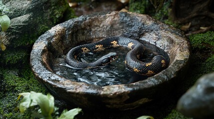 Sticker - Black and Yellow Snake in a Stone Water Basin