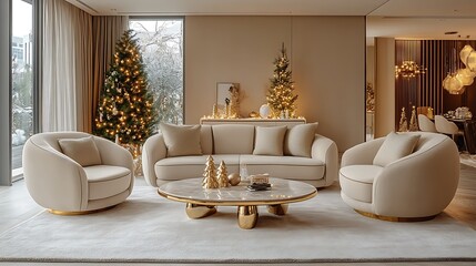 christmas living room, modern, minimalistic with gold and beige decor.