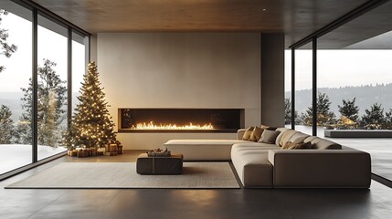 christmas living room, modern, minimalistic with gold and beige decor.