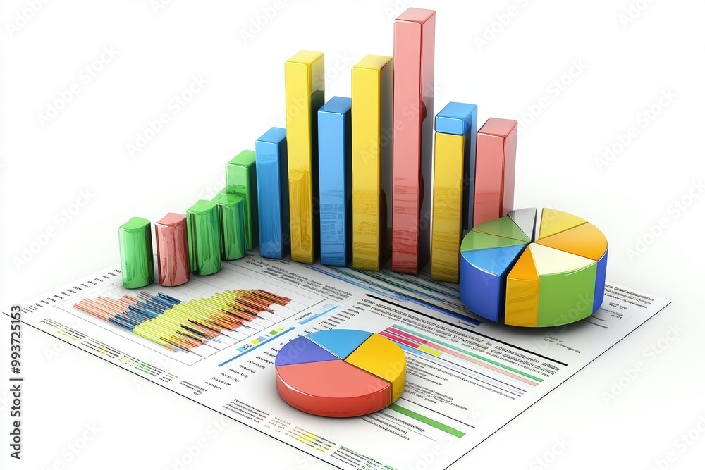 Financial graph with a combination of bar and pie charts, precise data ...