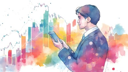 Wall Mural - Businessperson Holding Phone Displaying Rising Prices for Successful Business Investment