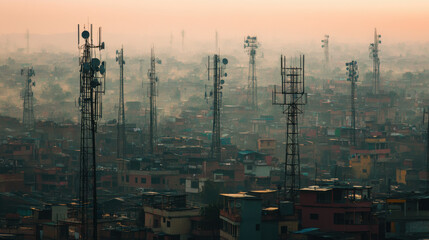 Wall Mural - Urban landscapes are densely covered with telecom towers, creating striking silhouette against hazy sky. scene captures essence of modern connectivity amidst sprawling city