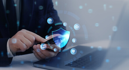 Poster - Cyber security network protection concept. Protecting herself from cyber attacks and personal data.Portection data access.Secure access and encrypted connection.