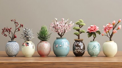 A collection of decorative vases with artificial flowers and plants arranged on a wooden surface.