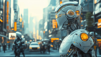 Wall Mural - Urban environments foster AI and robotics innovation, showcasing futuristic robots in bustling cityscape. scene captures blend of technology and urban life, evoking sense of progress and excitement