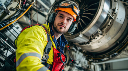 maintenance engineer in bright yellow safety suit and helmet is focused on his work near large jet engine. His expression shows determination and professionalism in high stakes environment