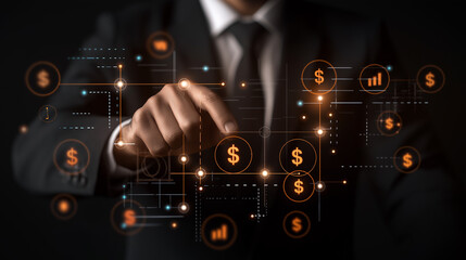 Wall Mural - Businessman Touching Digital Network with Dollar Signs and Charts