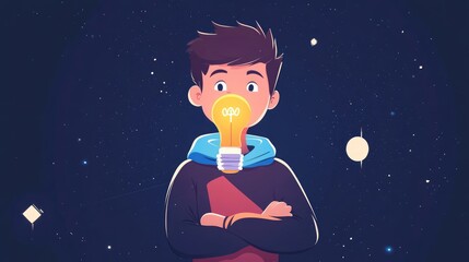 young boy with light bulb flat design front view tech symbols theme animation vivid