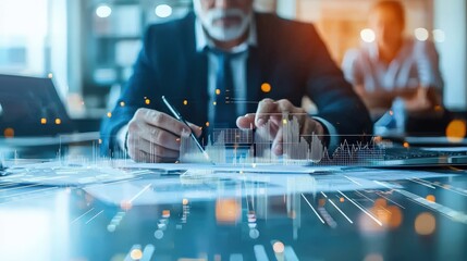 A businessman analyzes data trends at a modern office desk. The focus is on hands working with reports and digital graphs, showcasing insights.