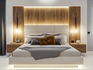 Stylish modern bed with a floating headboard, framed by wall-mounted lights, blending comfort with futuristic interior design.