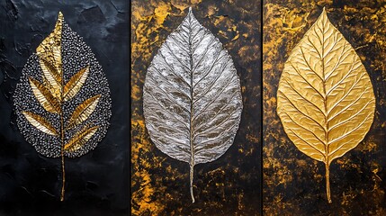 Wall Mural - Three artistic leaf designs in gold and silver textures on a dark background.