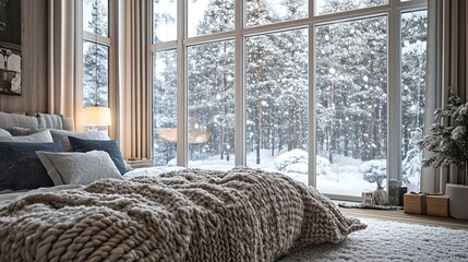 Wall Mural - Winter bedroom with a cozy bed, a chunky knit throw, and a beautiful snowfall seen through large windows.