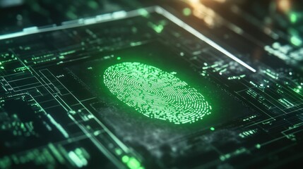 Poster - a digital fingerprint displayed on a circuit board background, symbolizing security technology.