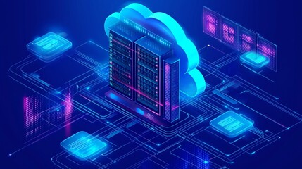 Poster - Web hosting concept. Cloud computing online database technology security computer web data center server isometric landing vector page