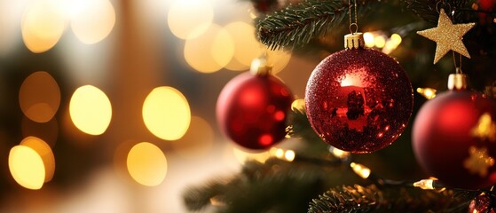 Wall Mural - A close-up of a decorated Christmas tree with red ornaments and warm bokeh lights.