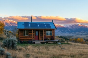 Off-grid lifestyle with a tiny home in the mountains, solar energy, and a person living independently and sustainably