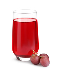 Poster - Ripe grapes and glass of tasty juice isolated on white