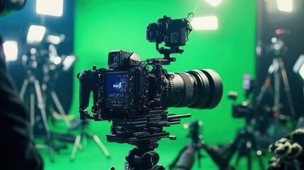 Poster - A camera setup in a studio with green screen and lighting for video production.
