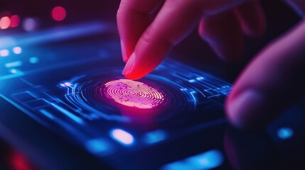 Poster - A finger touches a glowing fingerprint scanner on a digital interface.