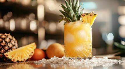 Wall Mural - A full glass of pineapple drink with ice, fruit, and a kitchen background are shown on a table with crushed ice. frontal view. composition that is horizontal.