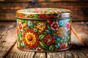 Wall Mural - Vintage tin container with intricate floral patterns on a rustic wooden background for decoration