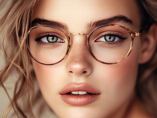 Woman face with fashionable glasses, sophisticated look, soft lighting, and minimal makeup