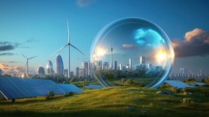 Poster - A futuristic city thriving on renewable energy, solar panels and wind turbines reflecting impact investing,