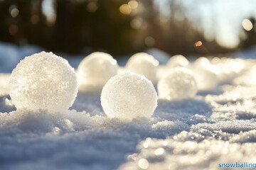 Poster - Snowballs in the snow with a blurred background of trees and sunshine