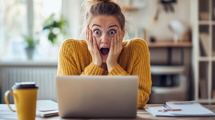 Poster - A surprised woman reacts while working on her laptop, showcasing a moment of excitement.