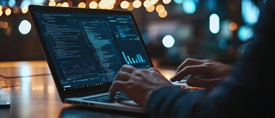Poster - A person coding on a laptop, displaying data and graphs in a dimly lit environment.