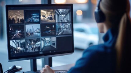 Poster - a person monitors multiple surveillance feeds on a computer screen in an urban setting.