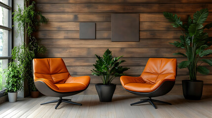 Two Orange Leather Armchairs in a Room with a Wooden Wall - 3d Illustration