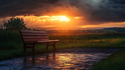 Sticker - A lone wooden bench sits in a field, reflecting the golden light of a setting sun.